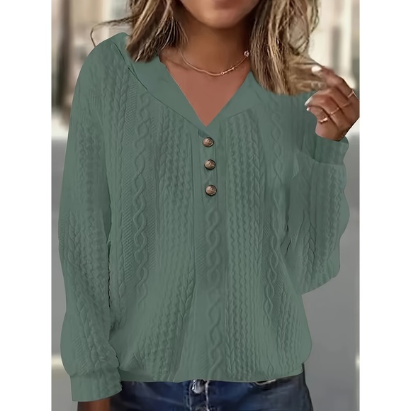 Plus Size Casual Sweatshirt, Women's Plus Solid Jacquard Long Sleeve Henley Hood - Picture 1 of 3